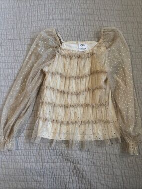 ZARA Champagne Gold Polka Dot Ruffle Tulle Top